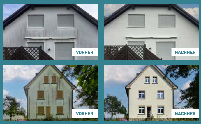 Vorher-Nachher-Vergleich gereinigter Hausfassaden
